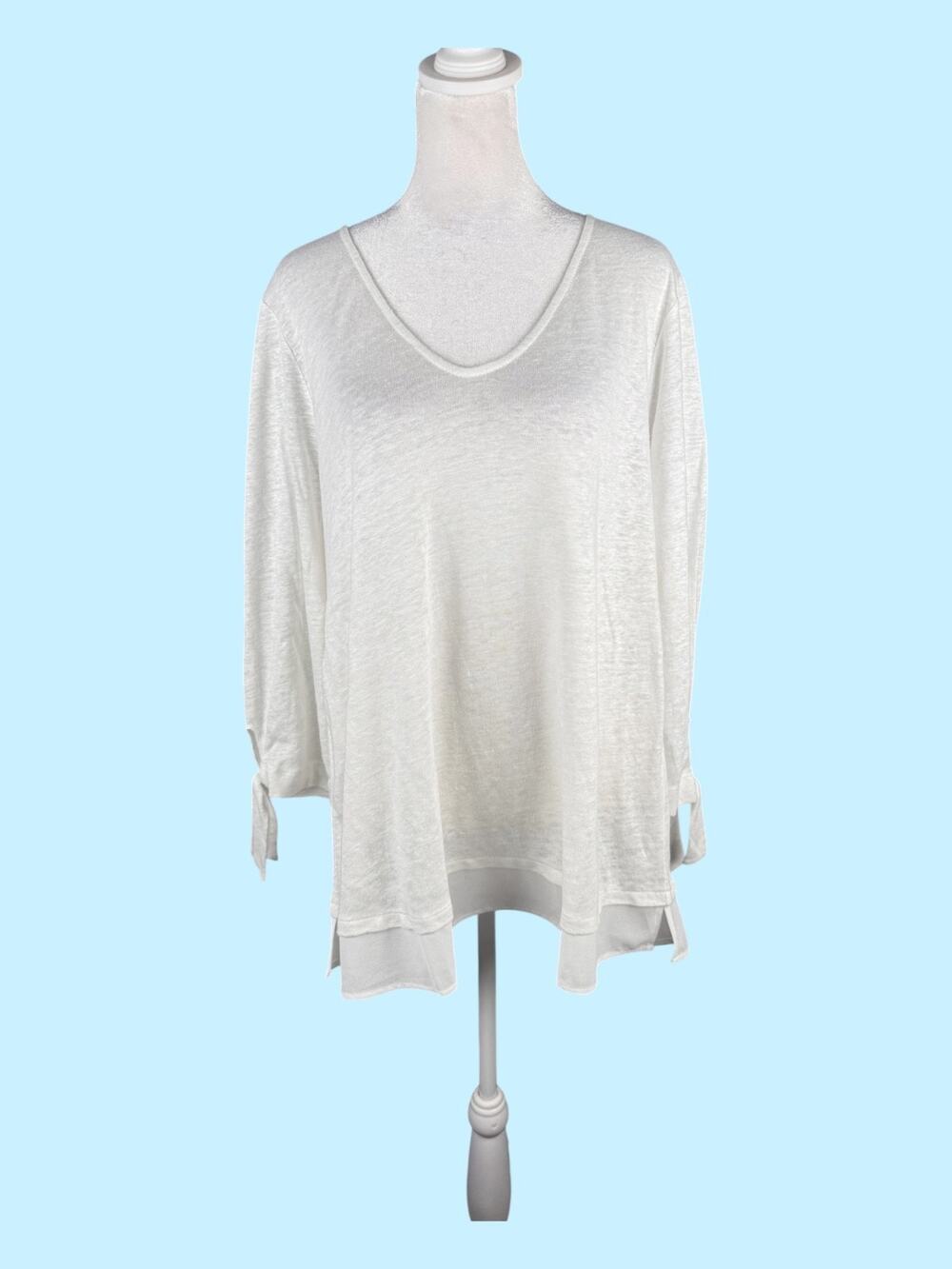 Sanctuary Sylvie XXL 100% Linen Tiered Hem V-Neck Tee Tunic White 3/4 Tie Sleeve